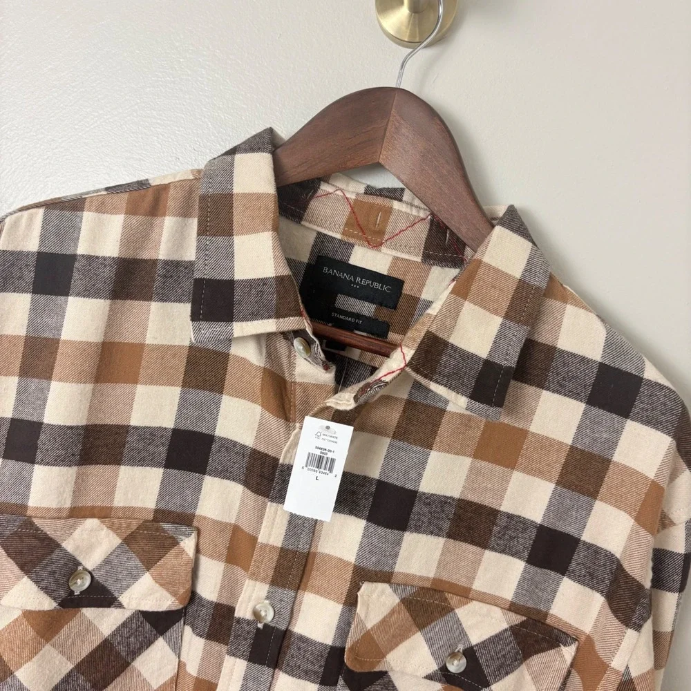 NWT Banana Republic Flannel Shirt Men XL Brown Tan Plaid Cotton Gorpcore Pockets