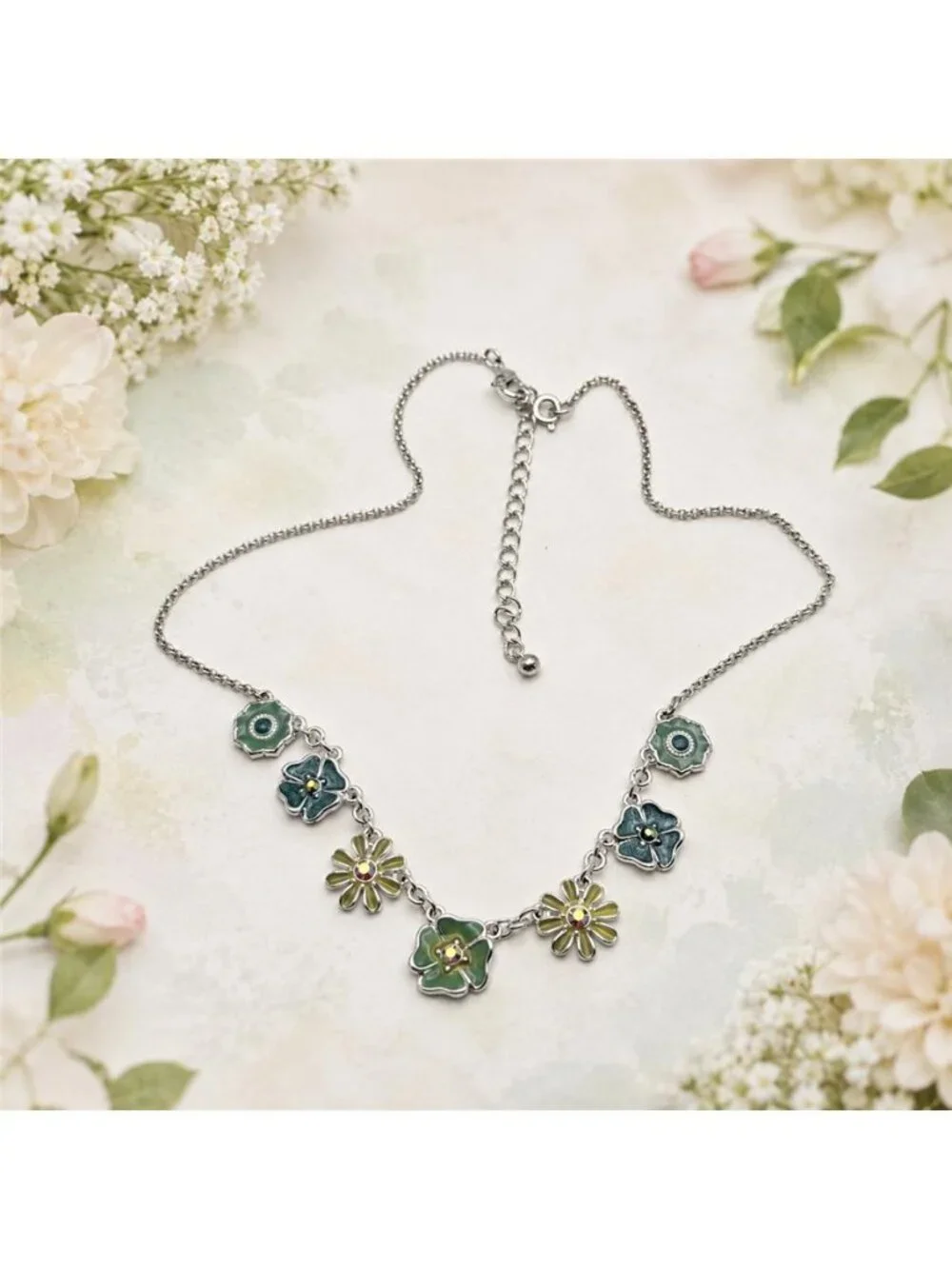 Avon Multicolor Enamel Flower Link Necklace AB Crystal Silver Tone 18.5