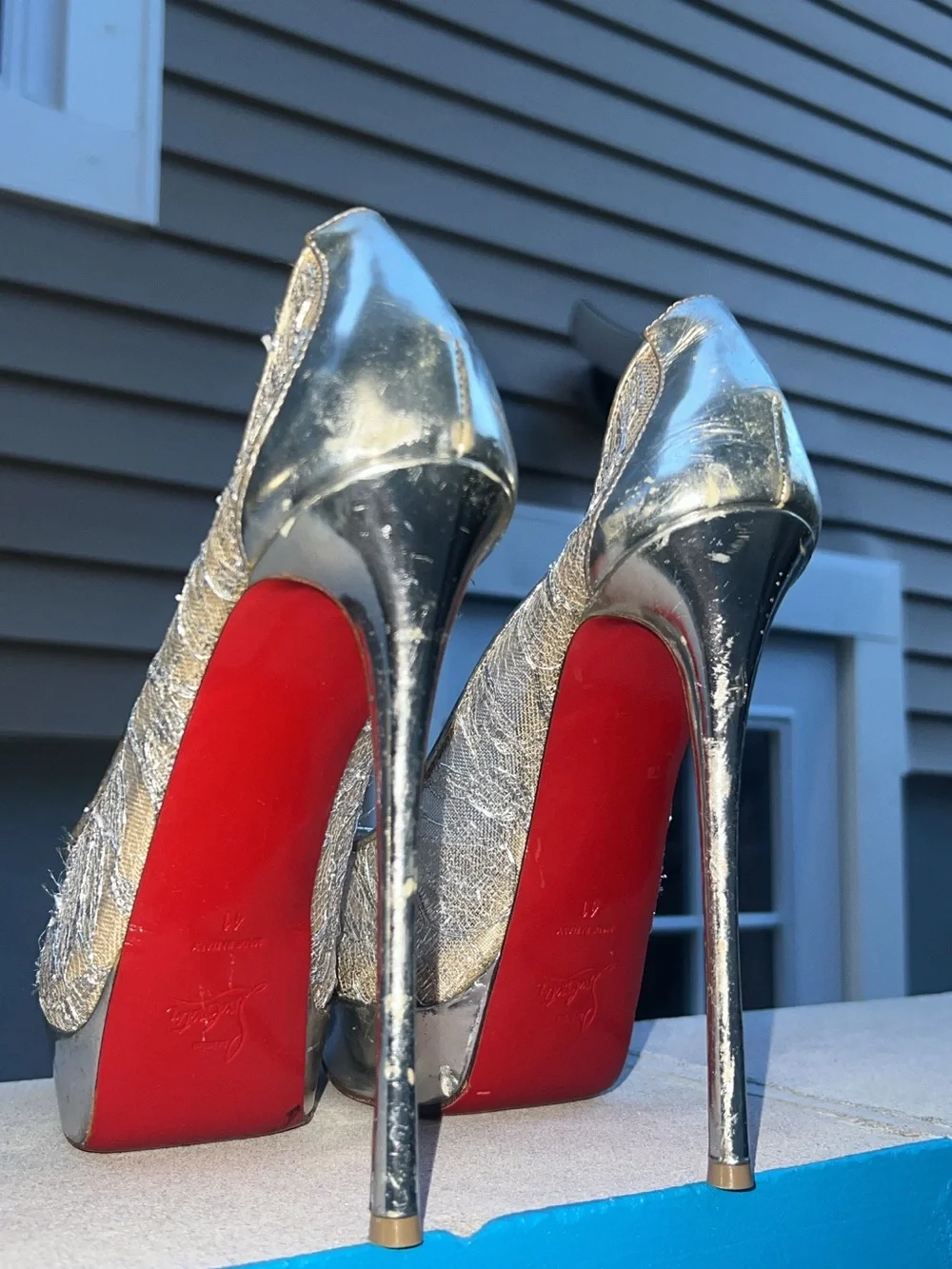 Christian Louboutin  Rete Dentelle Lurex Very Lace 120 Pumps Size 41 Silver.