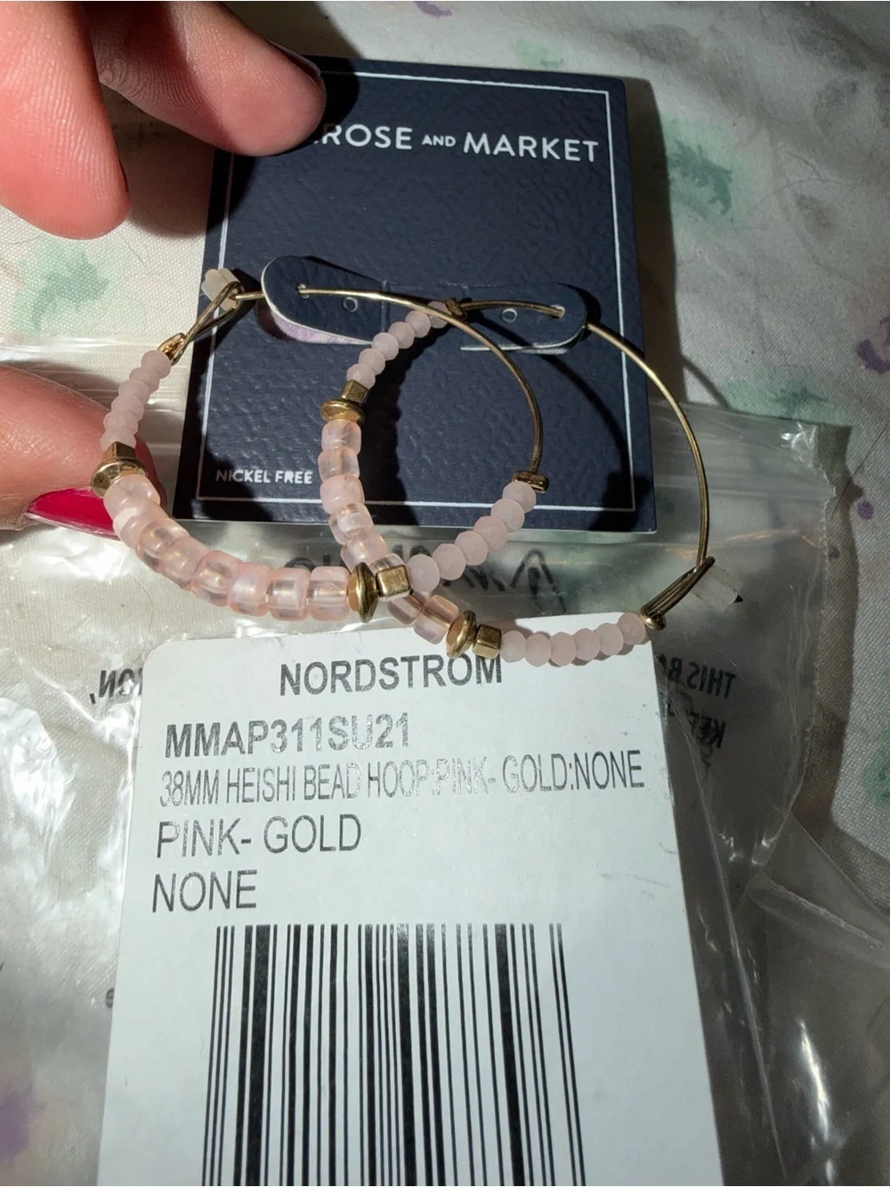 Melrose and Market Pink Beaded Hoop Earrings with Gold Accents NWT