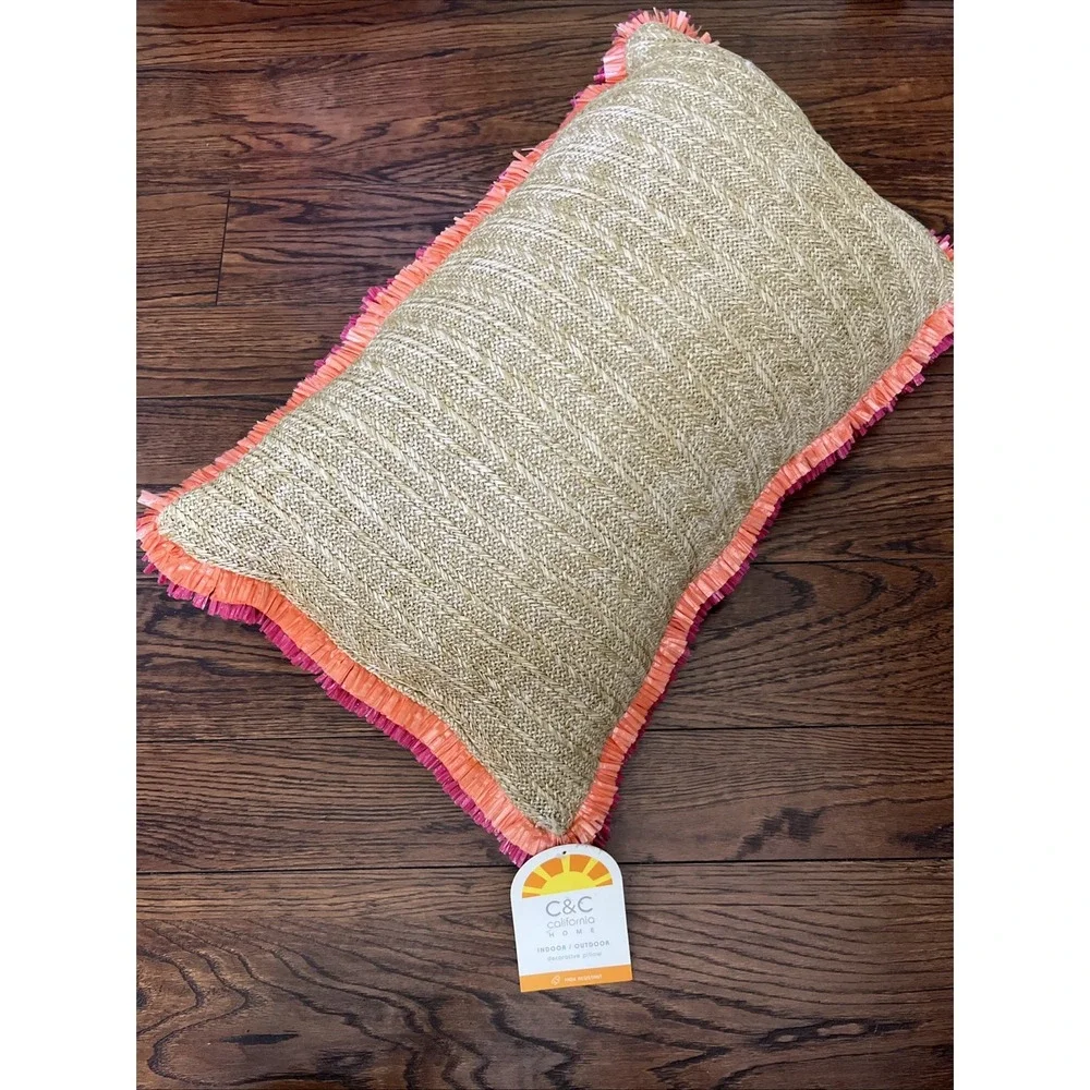 C&C California Straw Like Pillow Pink Orange Trim 23x14 Indoor Outdoor Boho