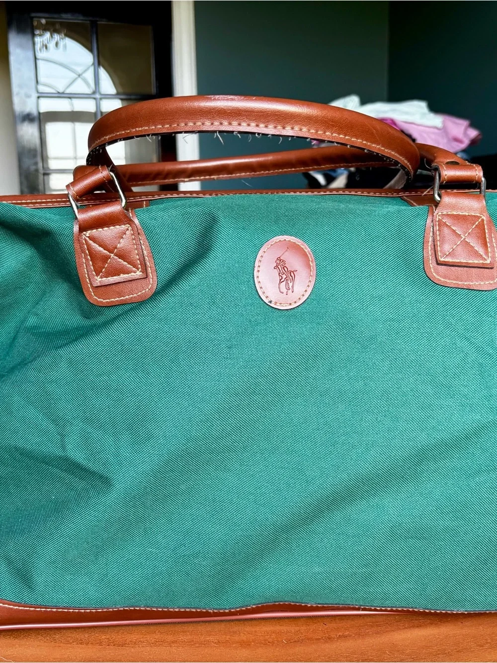 VTG iconic Polo Ralph Lauren Green Canvas Travel Tote with Brown Leather Trim