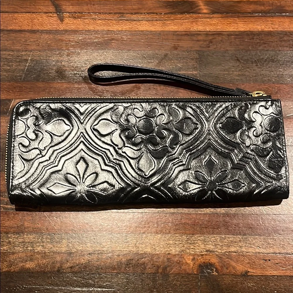 Hobo Black Embossed Leather Wristlet