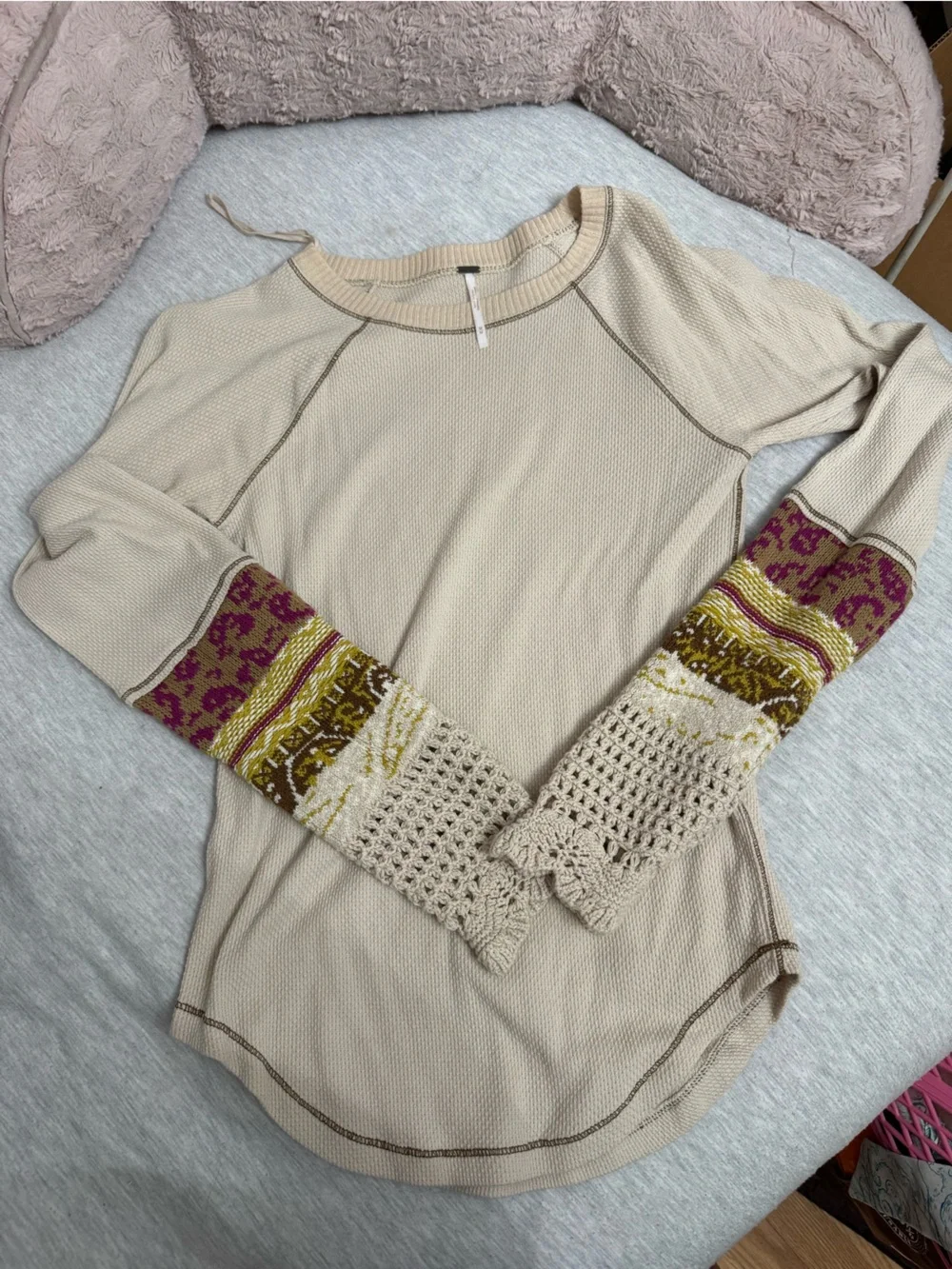 Free People Beige Scoop-Neck Sweater with Patterned Crochet Cuffs