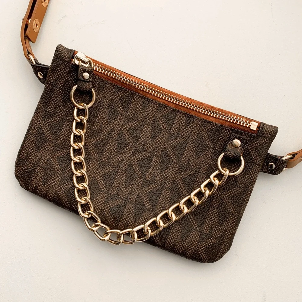 MICHAEL Michael Kors Brown Logo Chain Wristlet with Gold Hardware