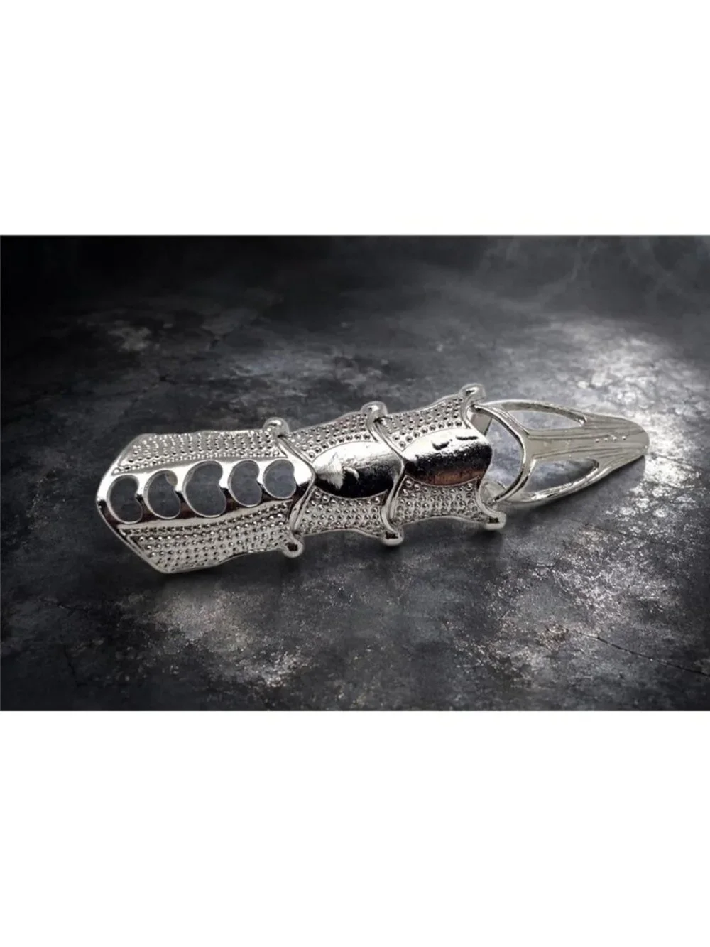 Silver Tone Full Finger Articulated Armor Ring Size 5.5 Textured 3.5