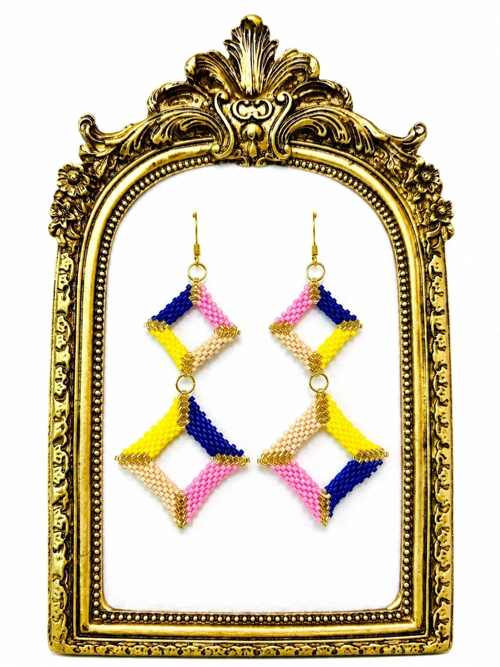 Handmade Multicolor Beaded Drop Earrings - Pink, Yellow, Blue, Cream