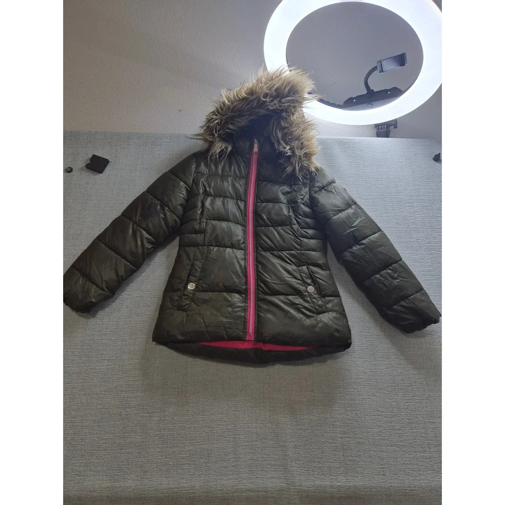 Michael Kors Puffer Jacket Girls 7/8 Black Faux Fur Hooded Full Zip Winter Wear