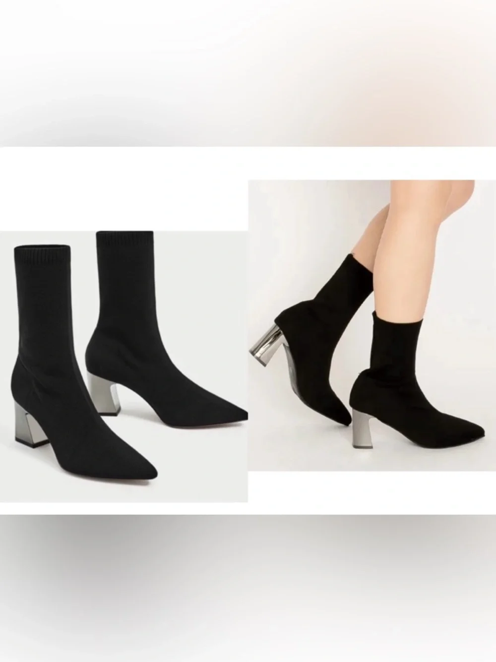 Zara Black Stretch Knit Ankle Boot with silver Block Heel
