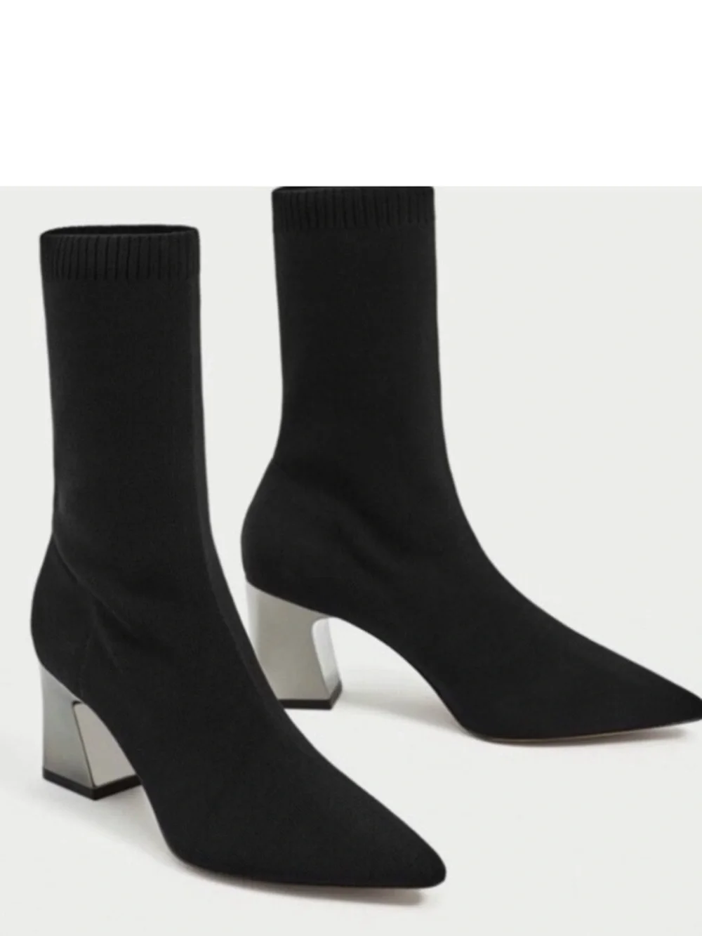 Zara Black Stretch Knit Ankle Boot with silver Block Heel