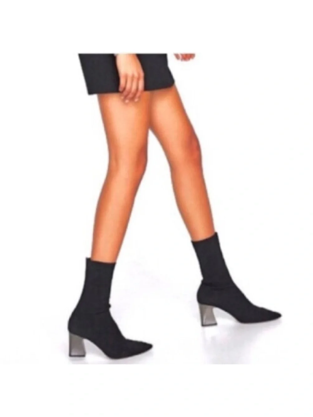 Zara Black Stretch Knit Ankle Boot with silver Block Heel