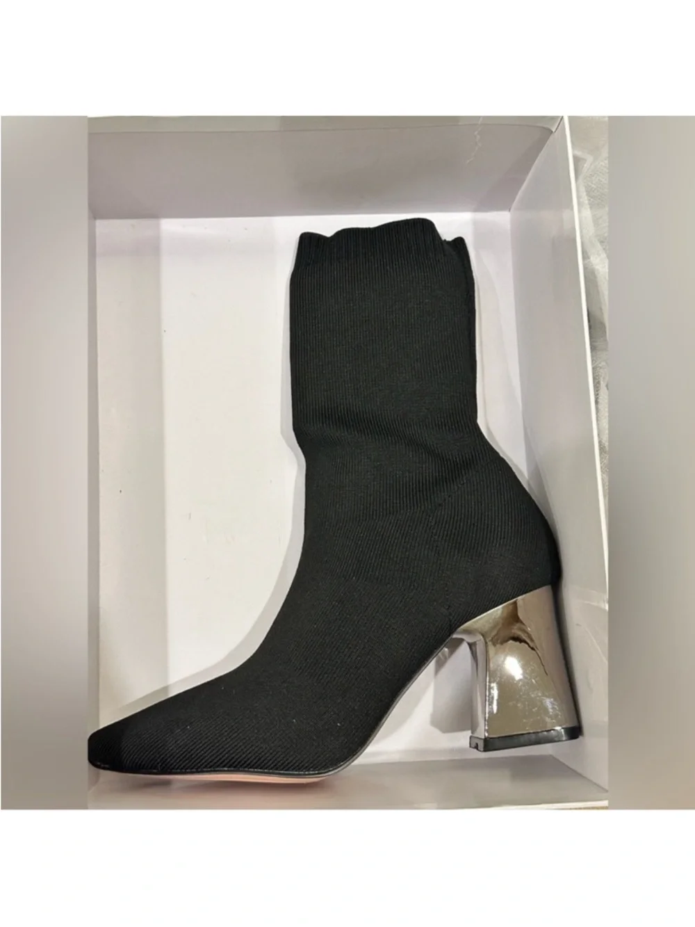 Zara Black Stretch Knit Ankle Boot with silver Block Heel