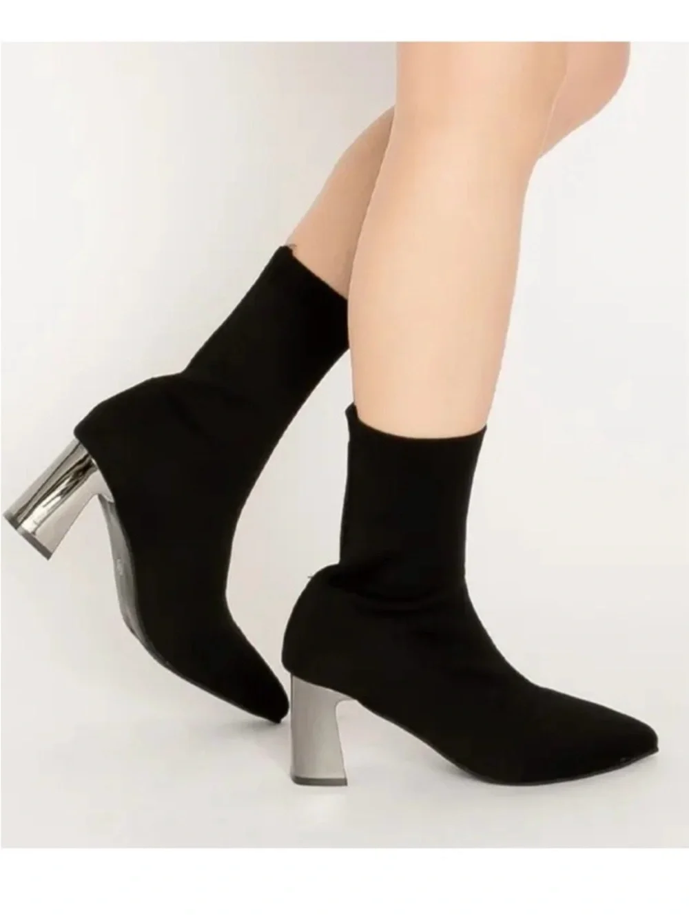 Zara Black Stretch Knit Ankle Boot with silver Block Heel