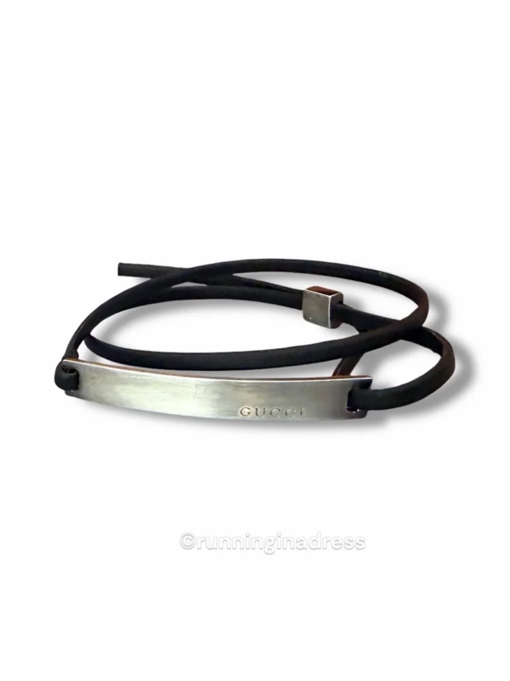 Authentic Y2K Gucci Sterling & Leather Silver Logo Bar Choker Wrap Bracelet