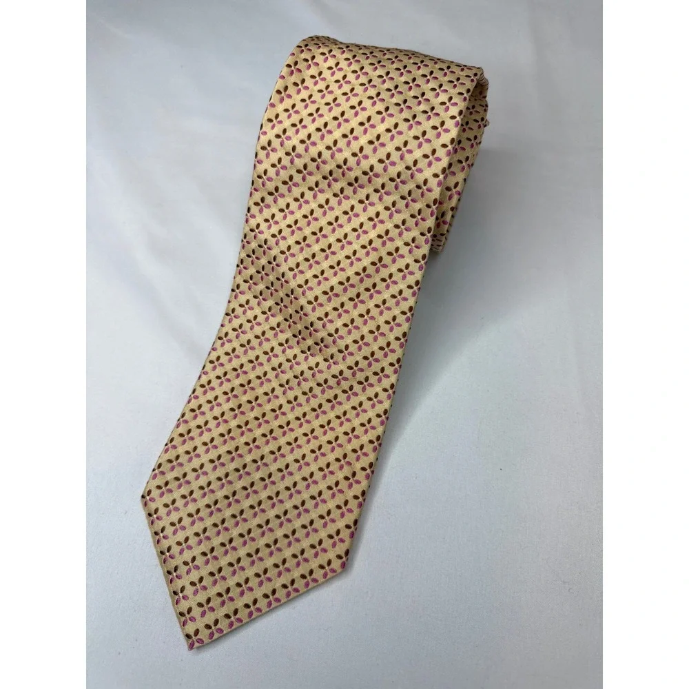 J.Crew Mens Silk Tie Tan Pink Brown Geometric Floral Italy Classic Necktie