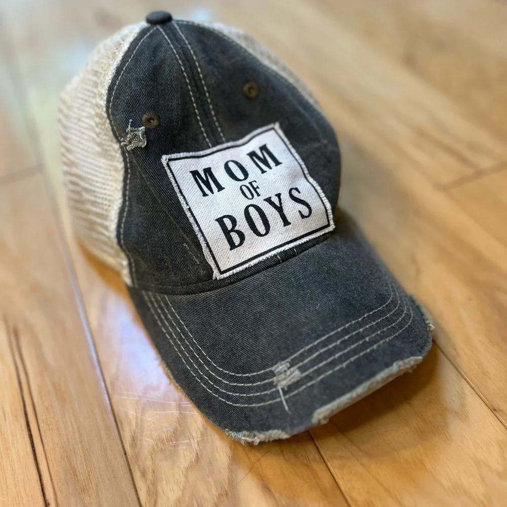 Vintage Distressed 'MOM OF BOYS' Trucker Hat Gray/Mesh #MomLife
