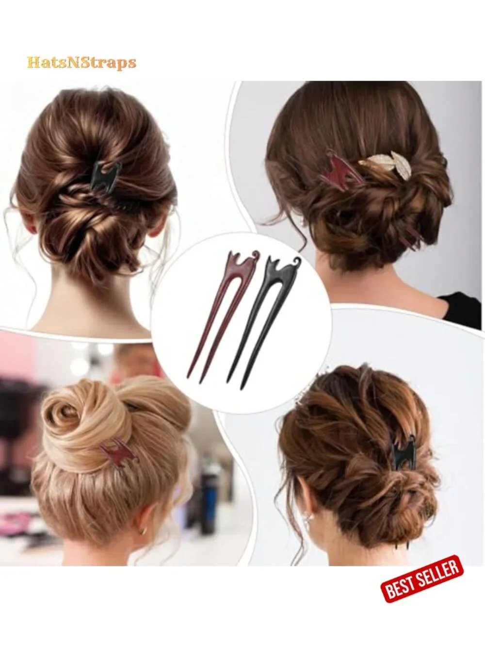 Handmade Carved Wood Hair Sticks French Hair Forks Cat Design U-Shape 2-Prong