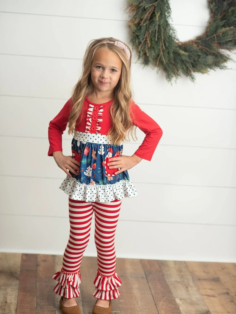 Girls Holiday Red Navy Peplum Top & Striped Ruffle Leggings