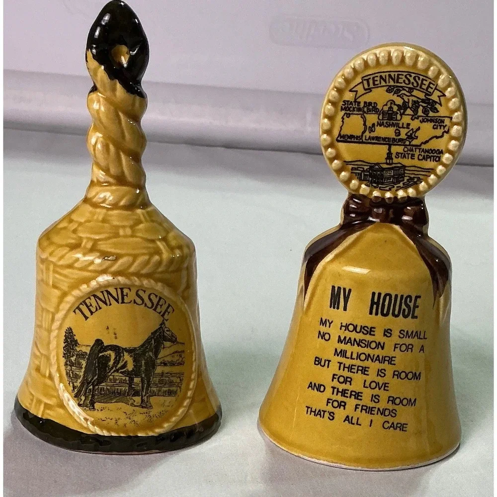Vintage Tennessee Souvenir Bell Set Ceramic Bells My House Poem Horse MotifDecor