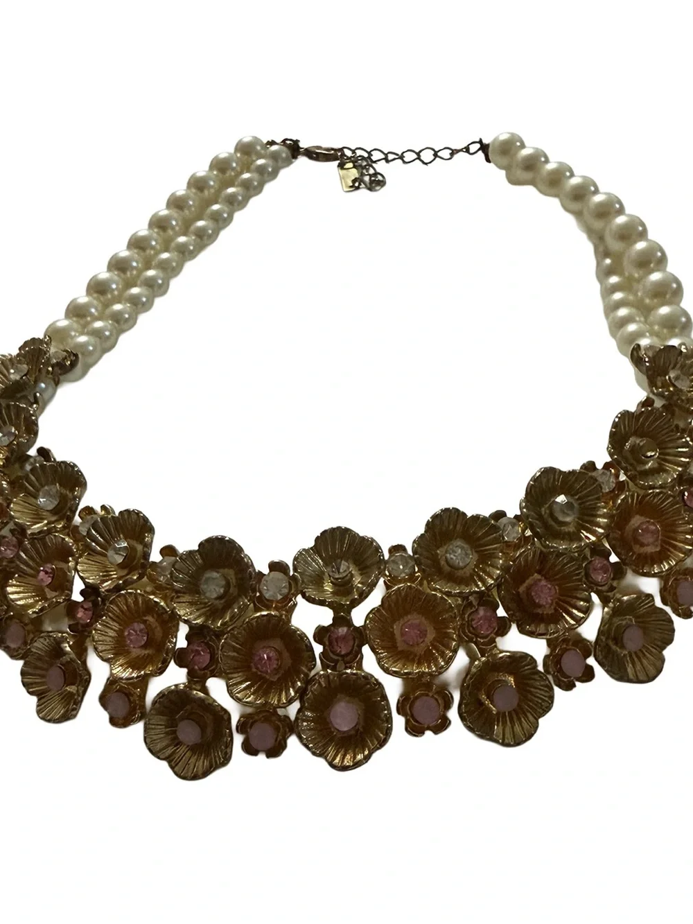 Gold Floral Faux Pearl Statement Necklace - Pink Accents
