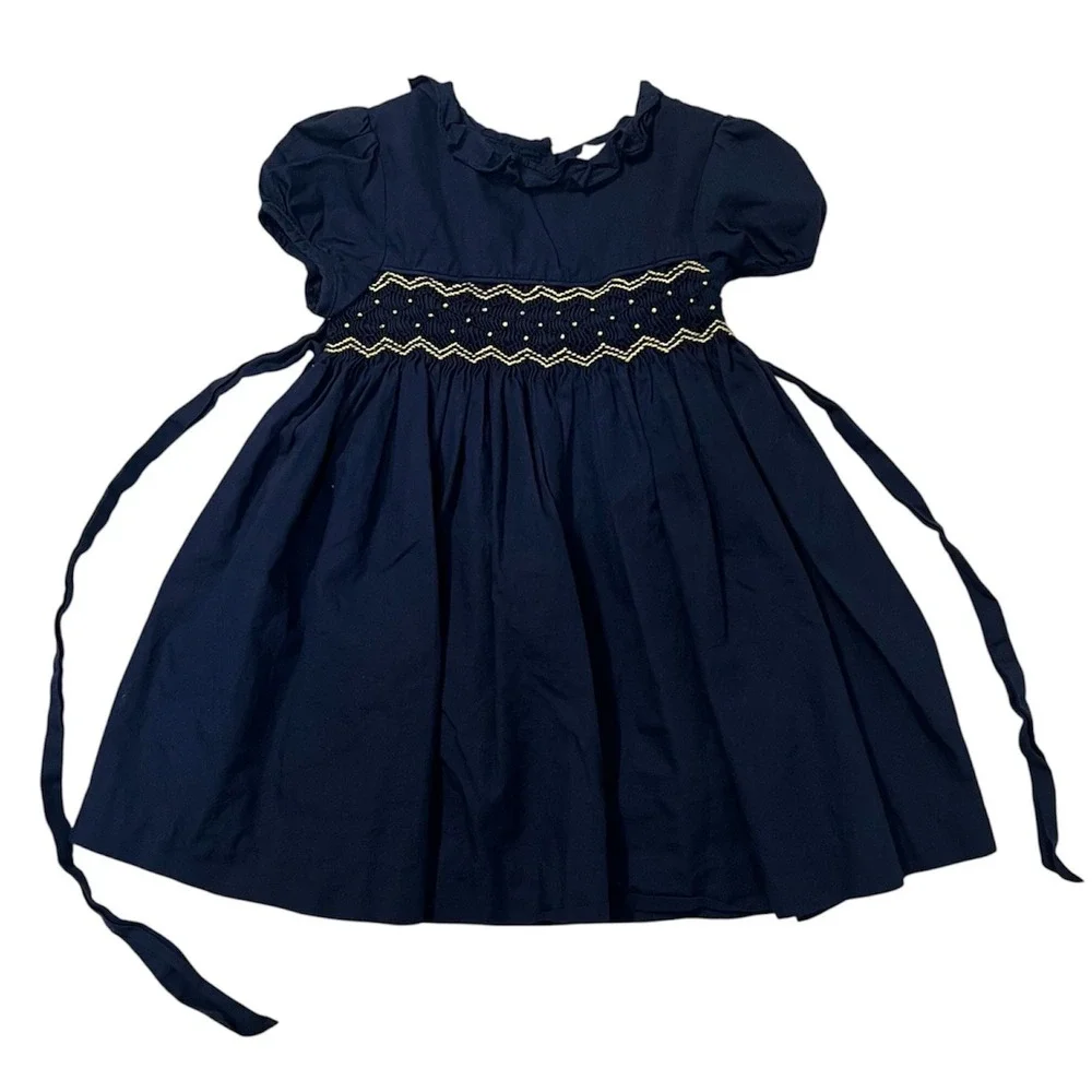 Edgehill Collection Girls 12M Navy Blue Smocked Ruffle Dress Yellow Embroidery