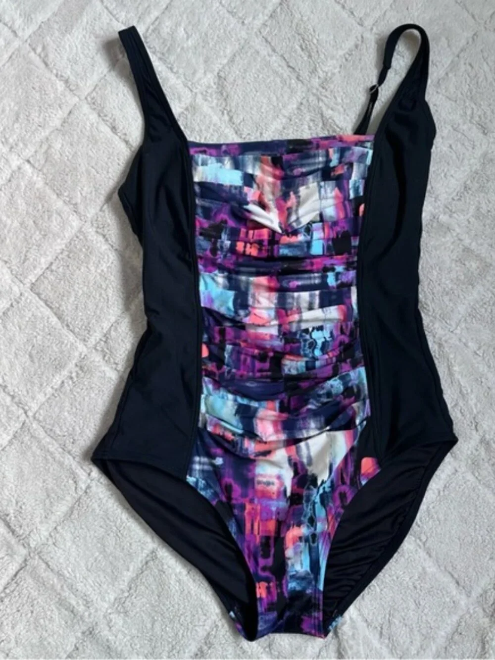 Calvin Klein | Black and Purple Monet Pleated One-Piece Swimsuit | Size 12