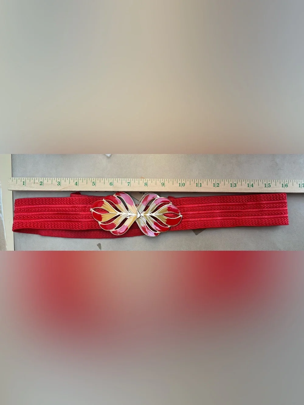Vintage Red Enamel Leaf Link  Elastic Cinch Waist Belt