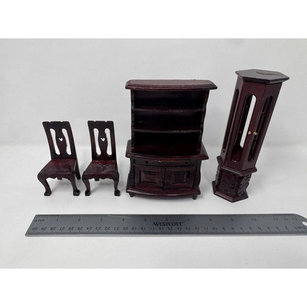 Vintage Dollhouse Wood Furniture Lot Tall Display Cabinet Chairs Hutch