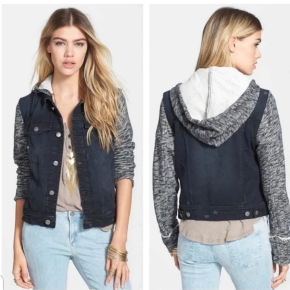 Free People Denim Jacket with Gray Sleeves and Hood