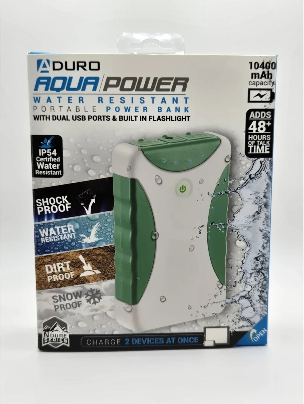 Aduro Aqua Power 10400 mAh Portable Power Bank Rugged IP54 Waterproof NIB