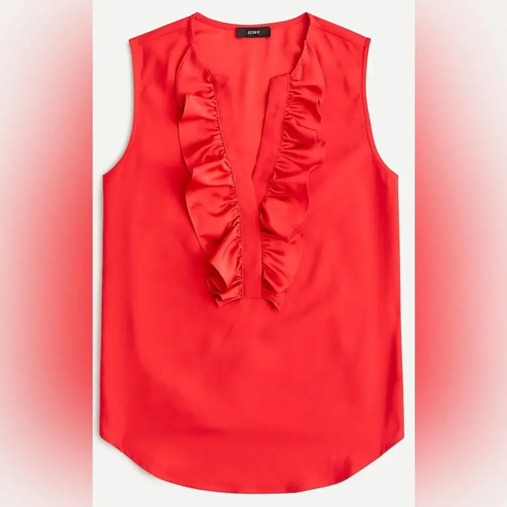 J. Crew Ruffle Front V-Neck Sleeveless Blouse Layering Top Satin Red Size Small