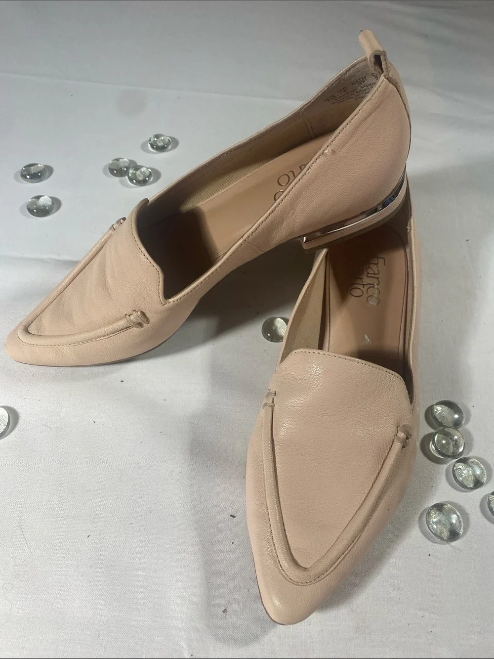 Franco Sarto Beige Leather Pointed Toe Slip-On Loafers with Silver Heel