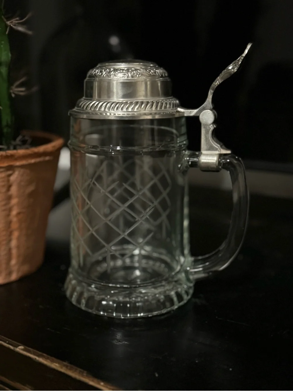 vintage BMF West Germany etched glass beer  pewter lid