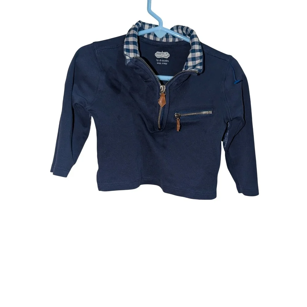 Mud Pie Boys Navy Blue Gingham Quarter Zip Pullover Sweater‎ 12-18 Months