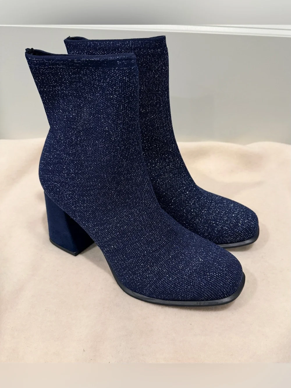 MIA Piana Navy/Silver Glitter Knit Sock Ankle Boots Size 9