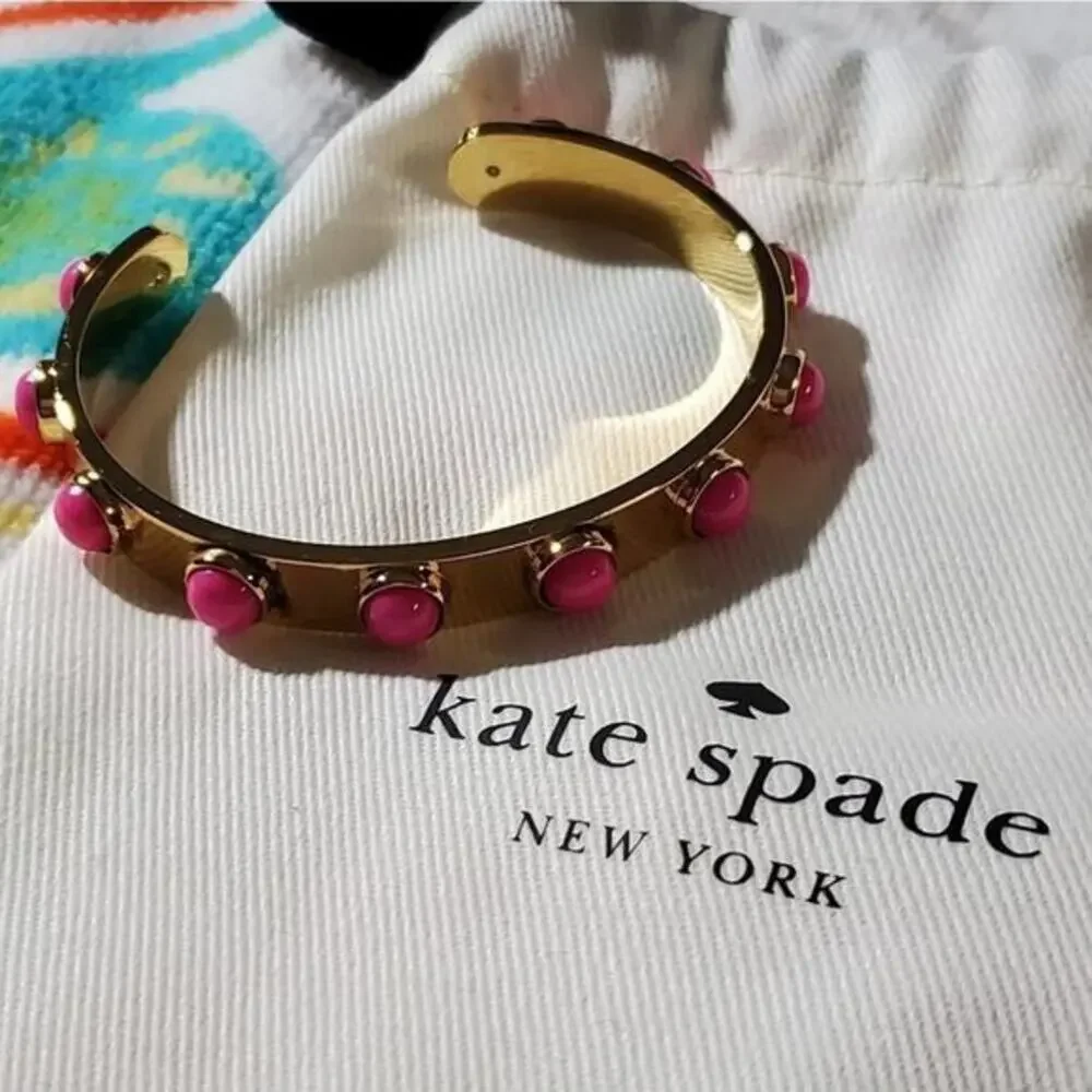Kate Spade New York Gold Tone‎ Pink Cabochon Studded Cuff Bracelet with Dust Bag