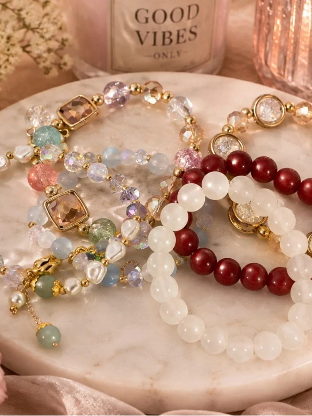 Elegant Multi-Color and Red Beaded Women's Bracelet Set 6 pieces