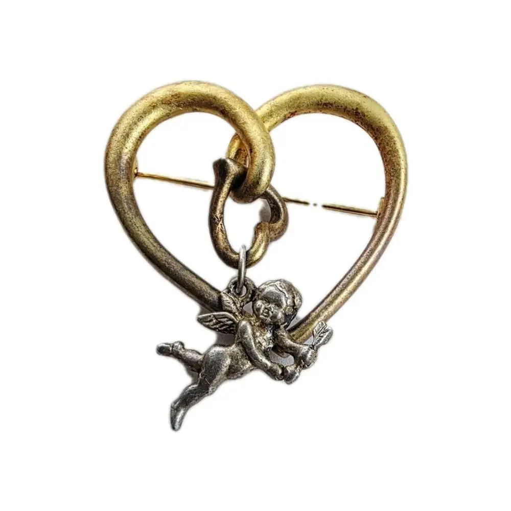 Vintage Cupid Arrow Bow‎ Heart Brooch Pin Jewelry Signed Moving Parts Two Tone
