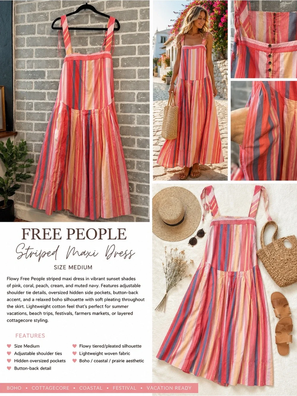 Free People Primavera Stripe Midi‎ Dress Women’s size Medium Cottagecore Boho