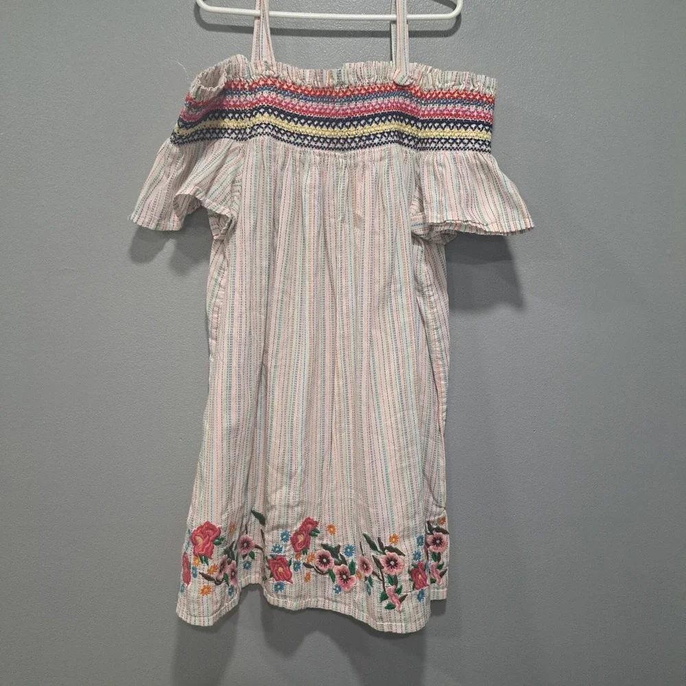 Zara Girls Striped Floral Embroidered Off Shoulder Dress Size‎ 10 Boho Summer