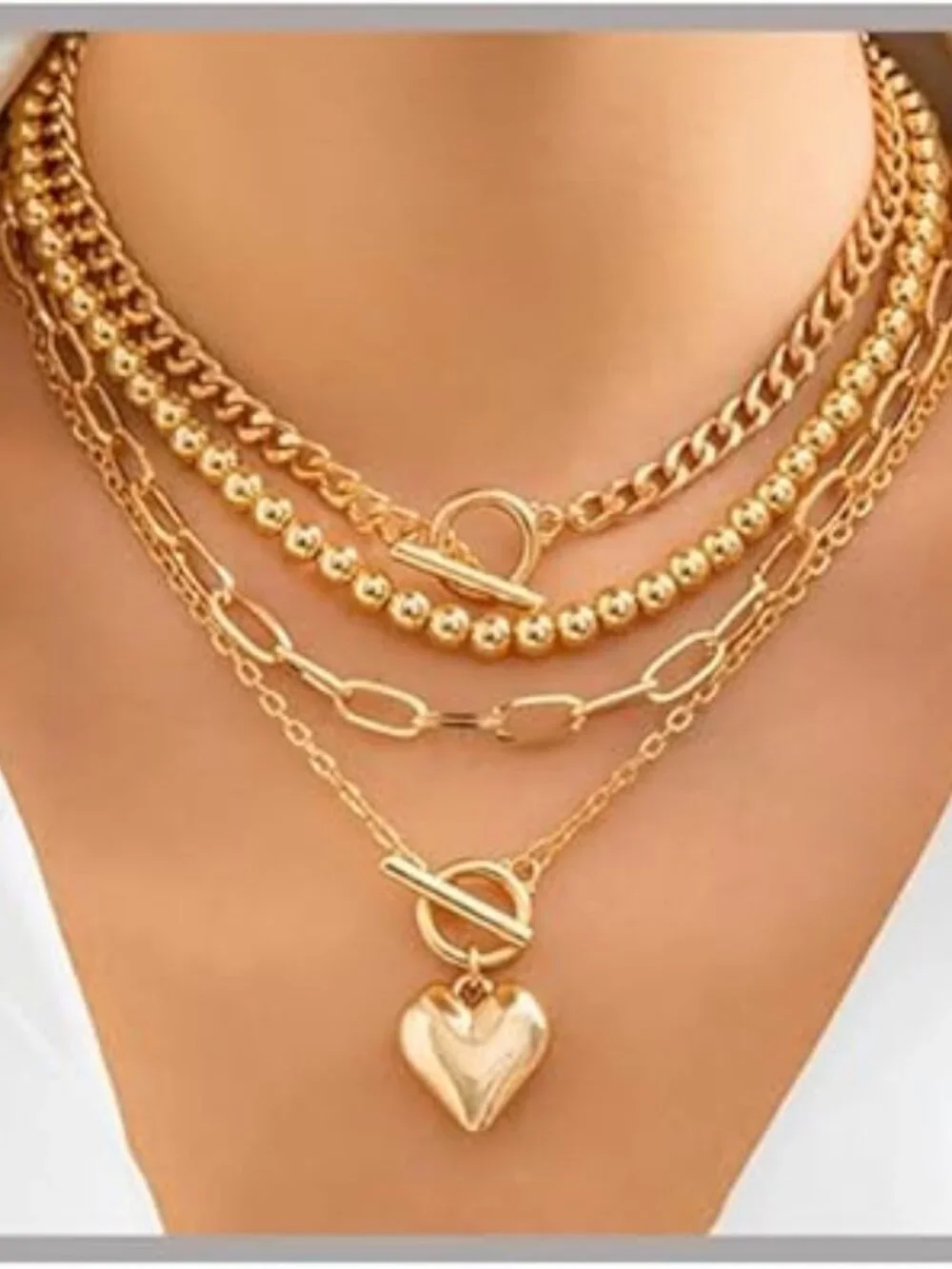 4 Layer Choker Necklace Chunky‎ Heart Gold Tone Statement Piece