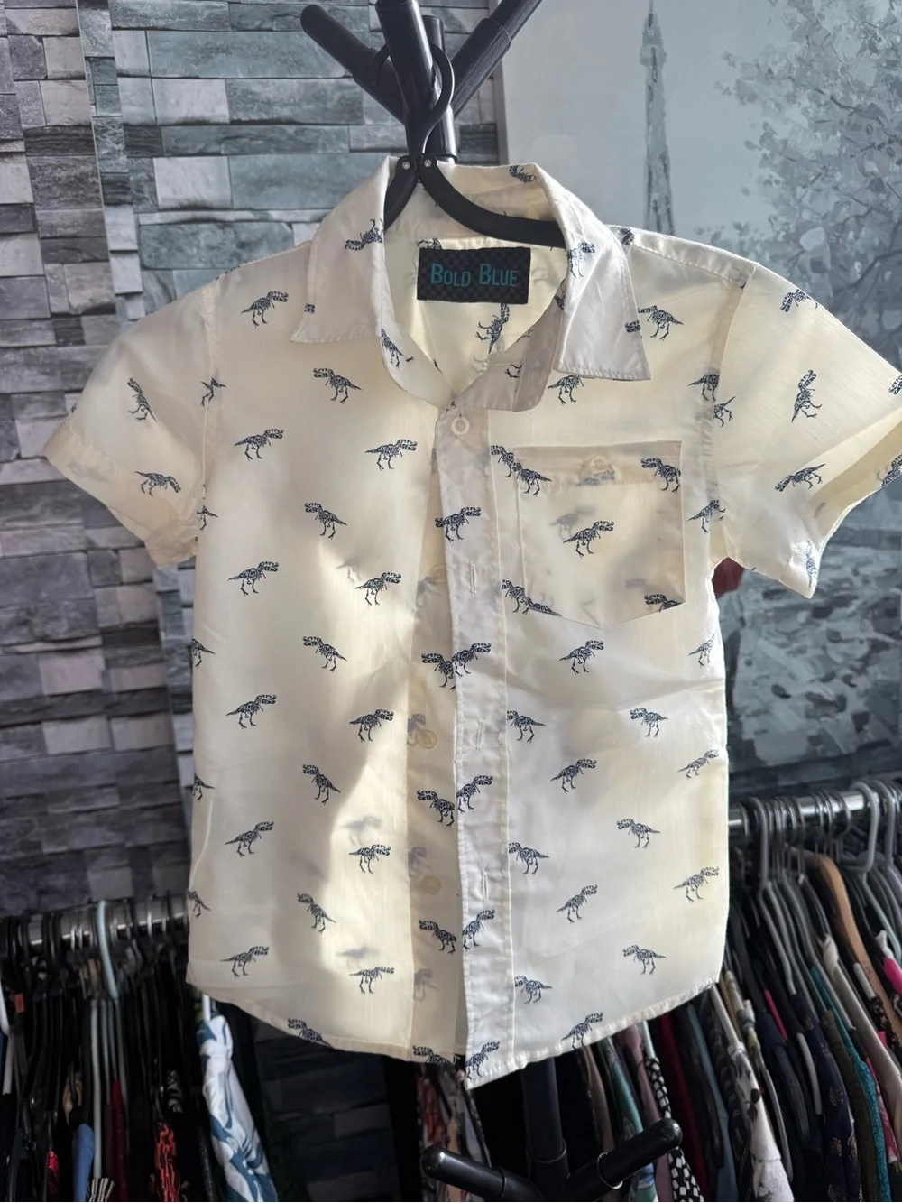 Boy's Cream Short-Sleeve Button-Down Shirt with Navy Dino Print