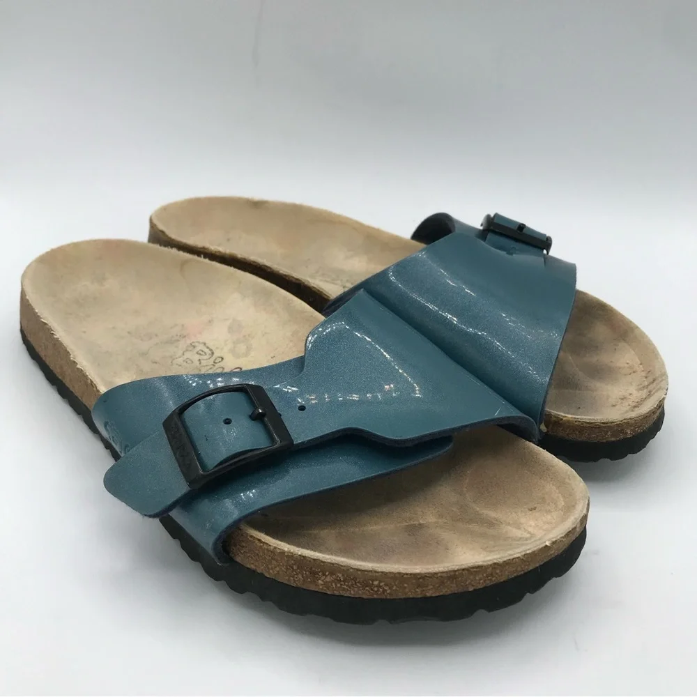 Birkis Birkenstock Women's 7 Catalina Teal Blue Sparkle Birko-flor Slide Sandals