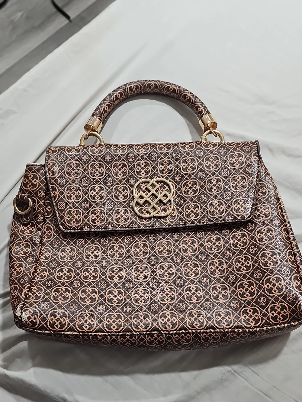 Daisy Fuentes Brown and Rose Gold Monogram Top-Handle Satchel