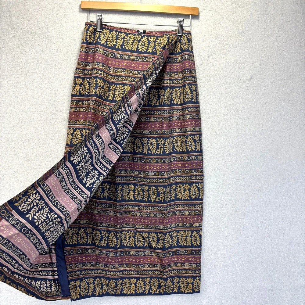 Vintage 100% Silk Faux Wrap Midi Skirt Womens 6 Dark Floral‎ Traditional Boho