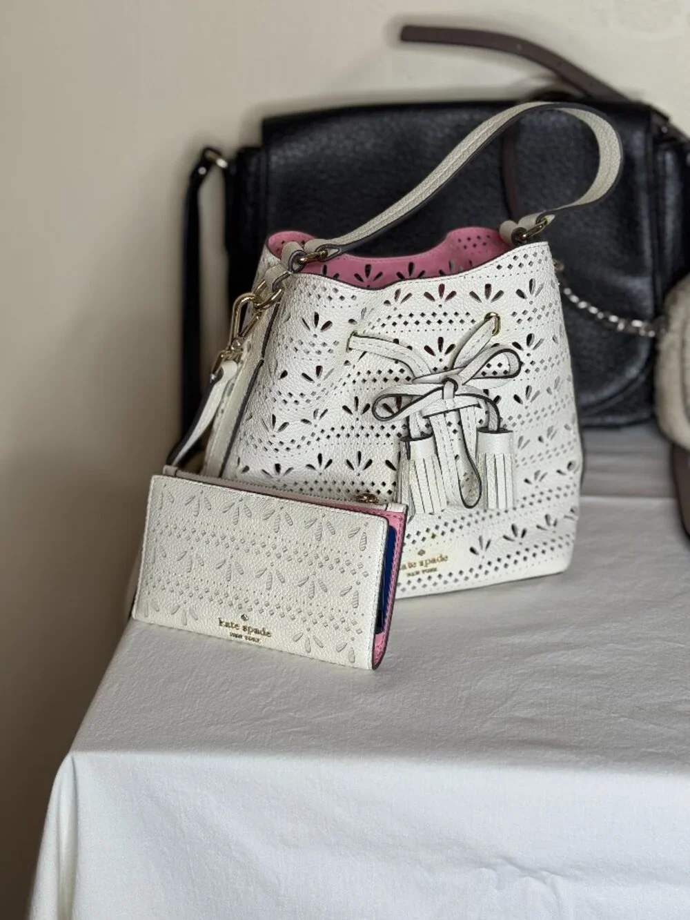 Kate Spade New York White Perforated Eyelet Bucket Bag + Matching Wallet Set