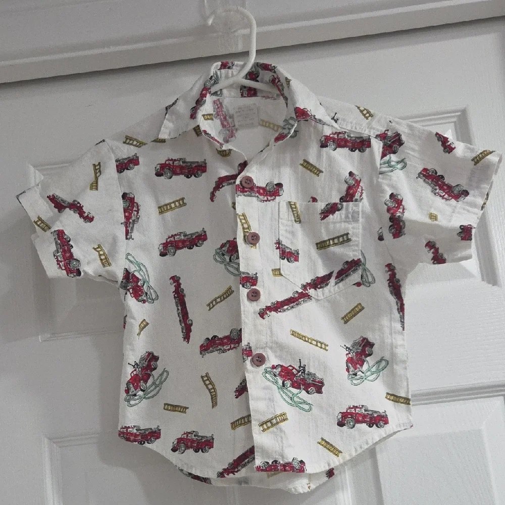 Kids Fire Truck Button-Down Shirt - White