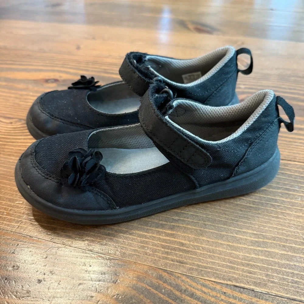 Stride Rite‎ Mary Jane Shoes Gemma Girls Size 13 Black Cloth Flower Hook & Loop