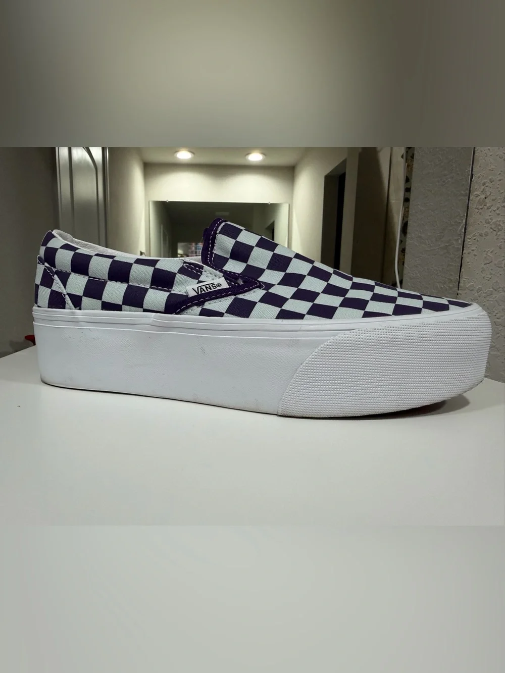 Vans Women’s Slip-On Checkerboard Clog — Purple & White
