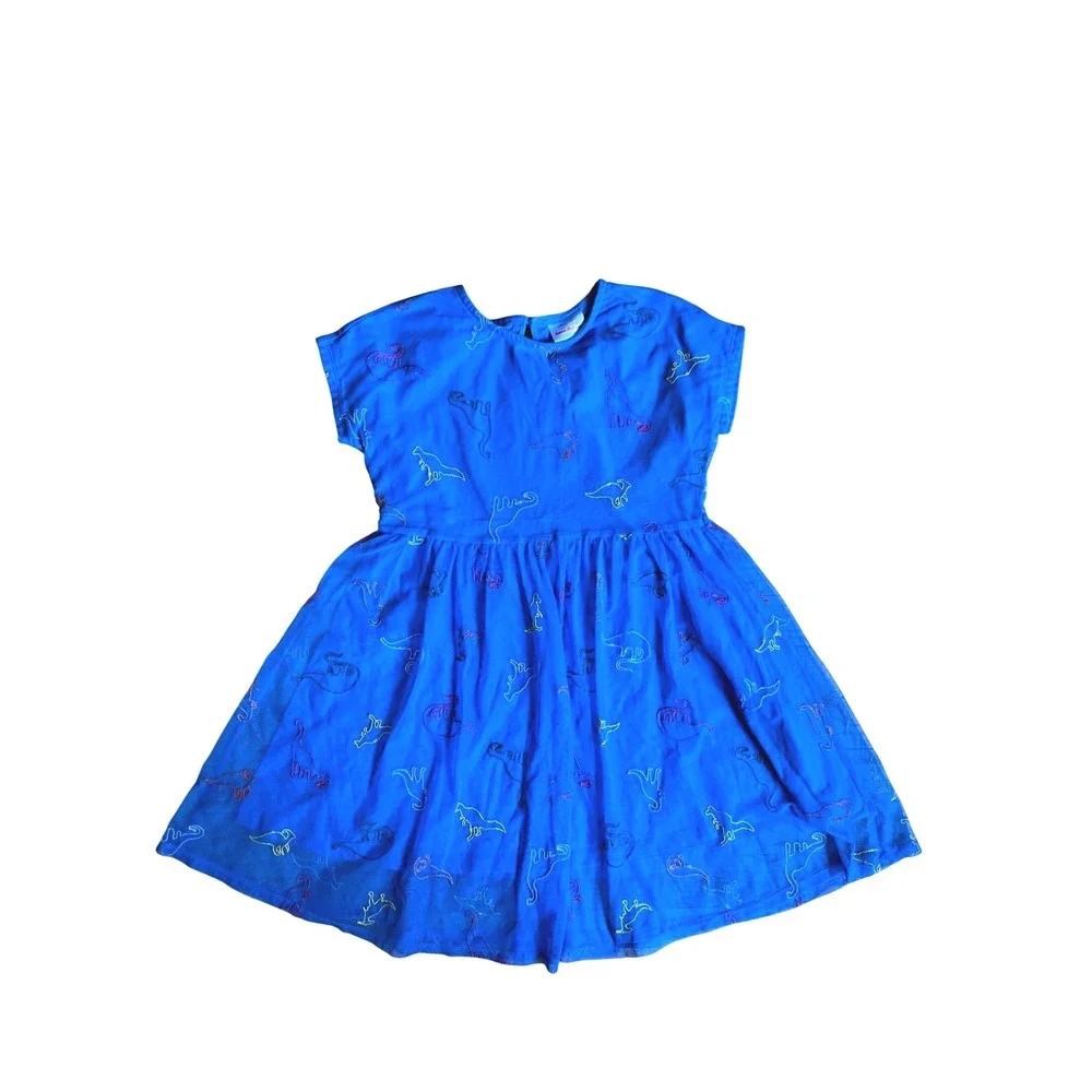 Hanna Andersson Girls Blue Embroidered Dinosaur Mesh Dress Size 10‎ 140cm